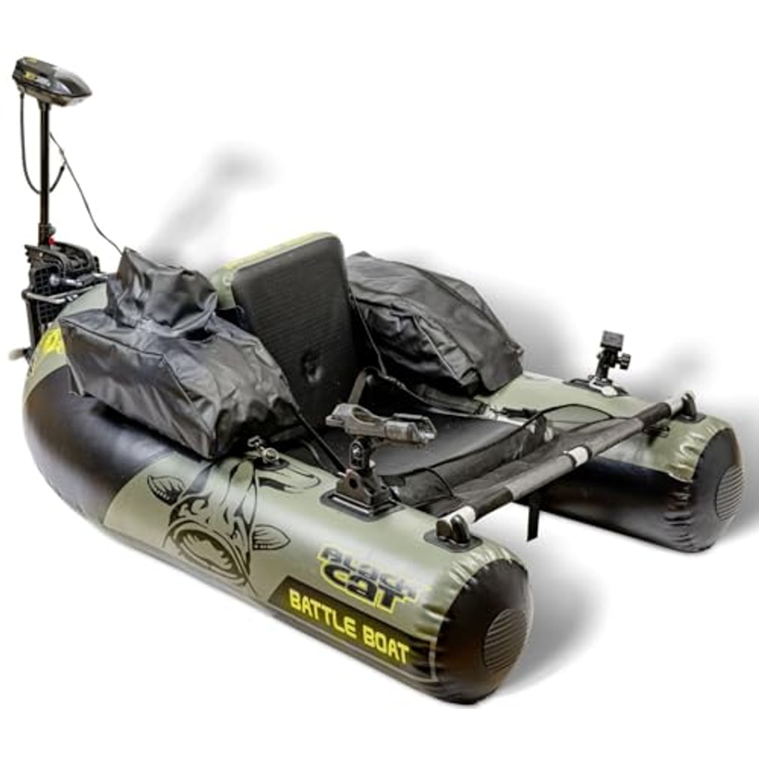 Black Cat Battle Boat Set belly boat with electric motor fitted for catfish fishing
