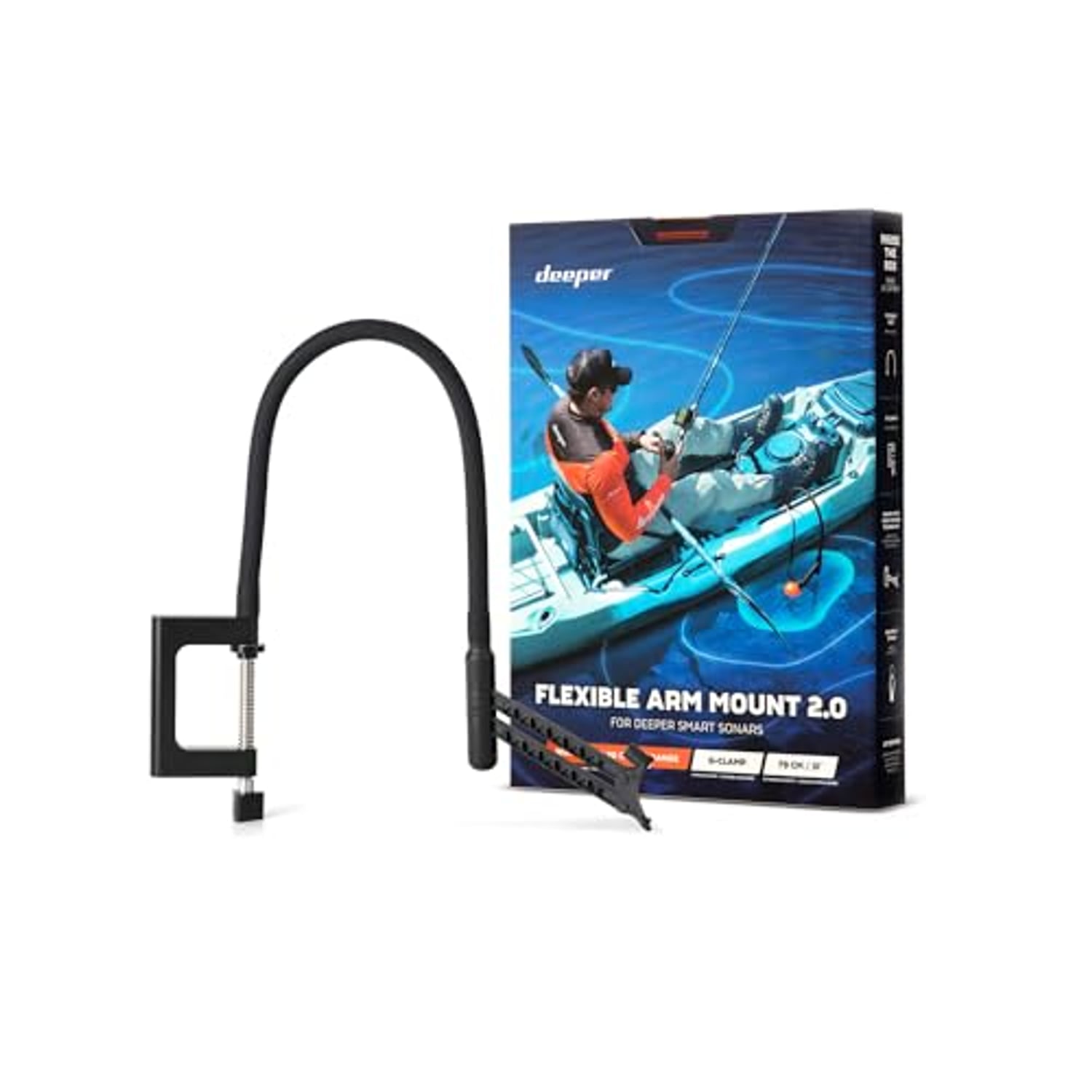 Deeper Flexible Arm 2.0 mounting arm clamped to a belly boat for a sonar fish finder