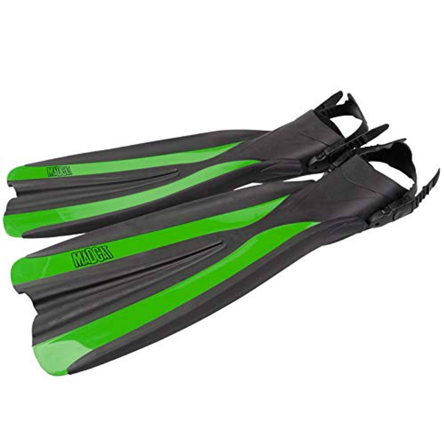 Madcat Bellyboot Fins, elongated shape, worn over a wading shoe