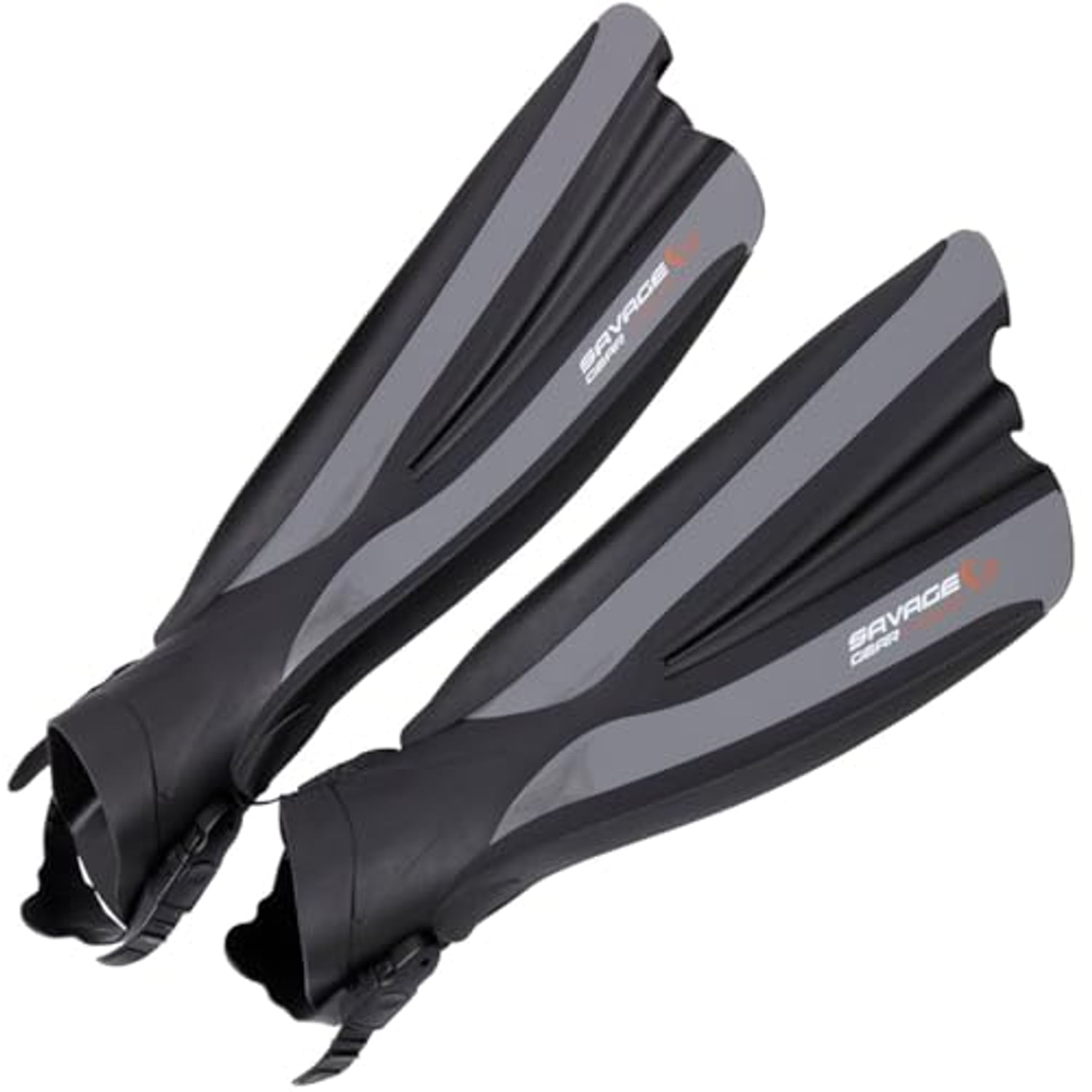Savage Gear belly boat fins, XL/XXL, worn over a wading boot